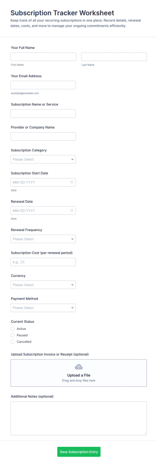 Subscription Tracker Worksheet Form Template