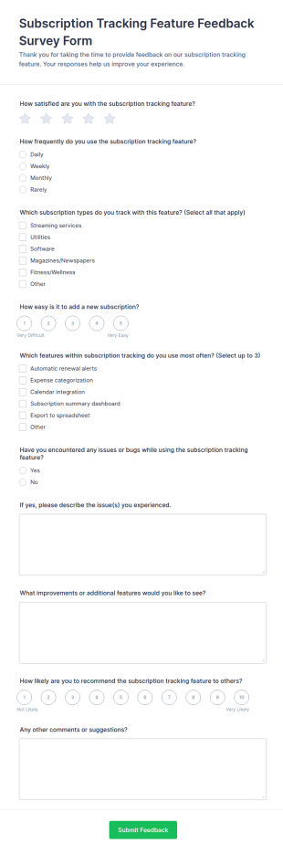 Subscription Tracking Feature Feedback Survey Form Template