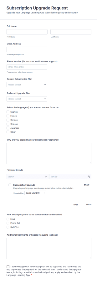 Subscription Upgrade Request Form Template