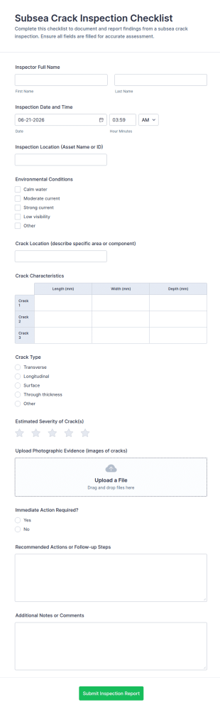 Subsea Crack Inspection Checklist Form Template