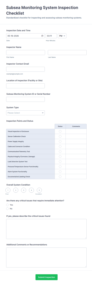 Subsea Monitoring System Inspection Checklist Form Template