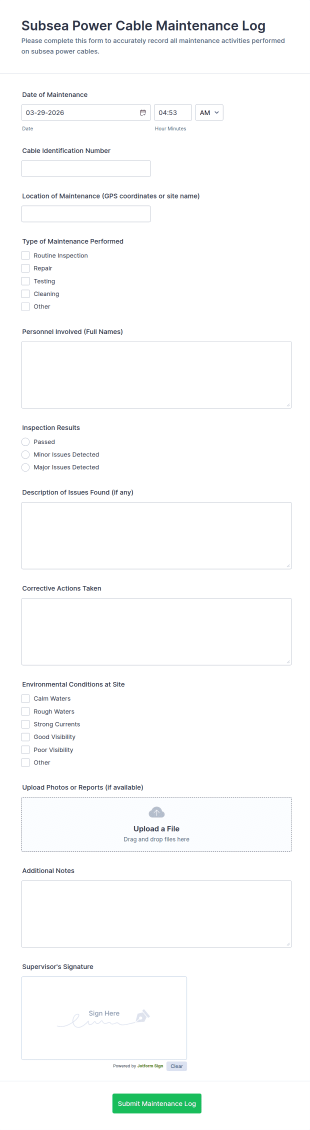 Subsea Power Cable Maintenance Log Form Template