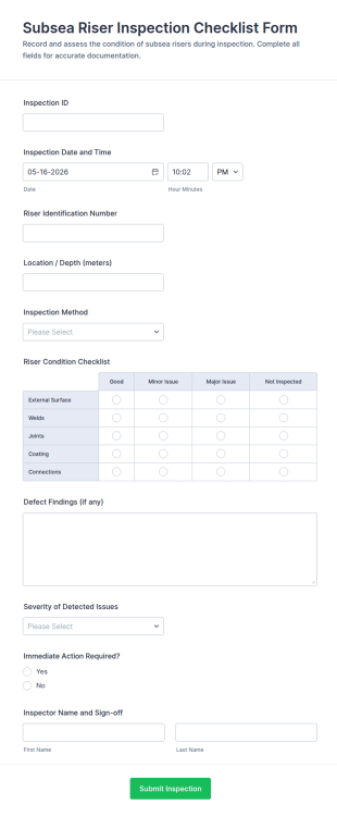 Subsea Riser Inspection Checklist Form Template