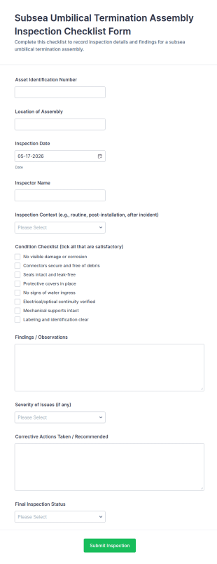 Subsea Umbilical Termination Assembly Inspection Checklist Form Template