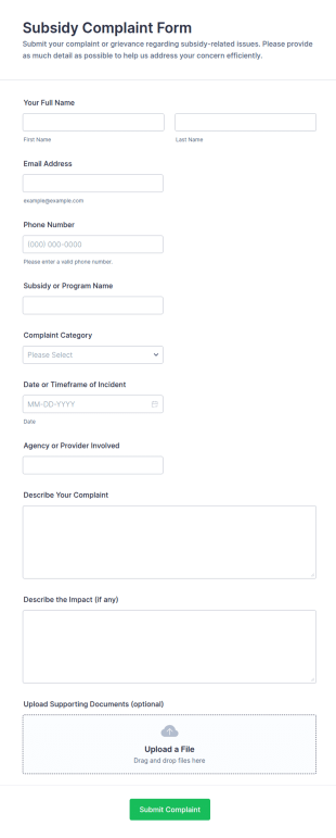 Subsidy Complaint Form Template