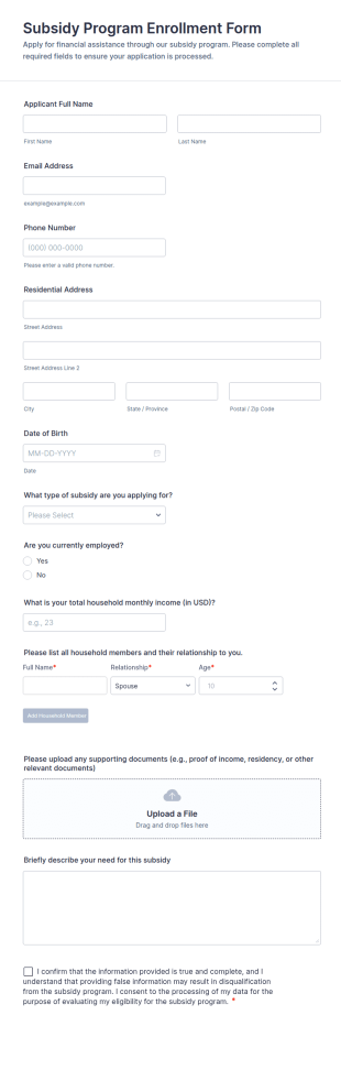 Subsidy Program Enrollment Form Template