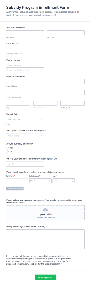 Subsidy Program Enrollment Form Template