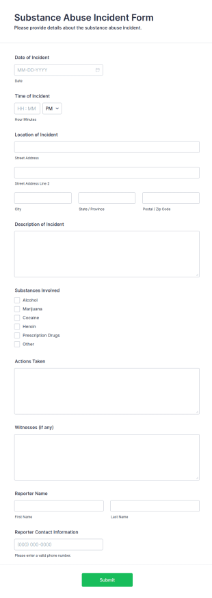 Substance Abuse Incident Form Template