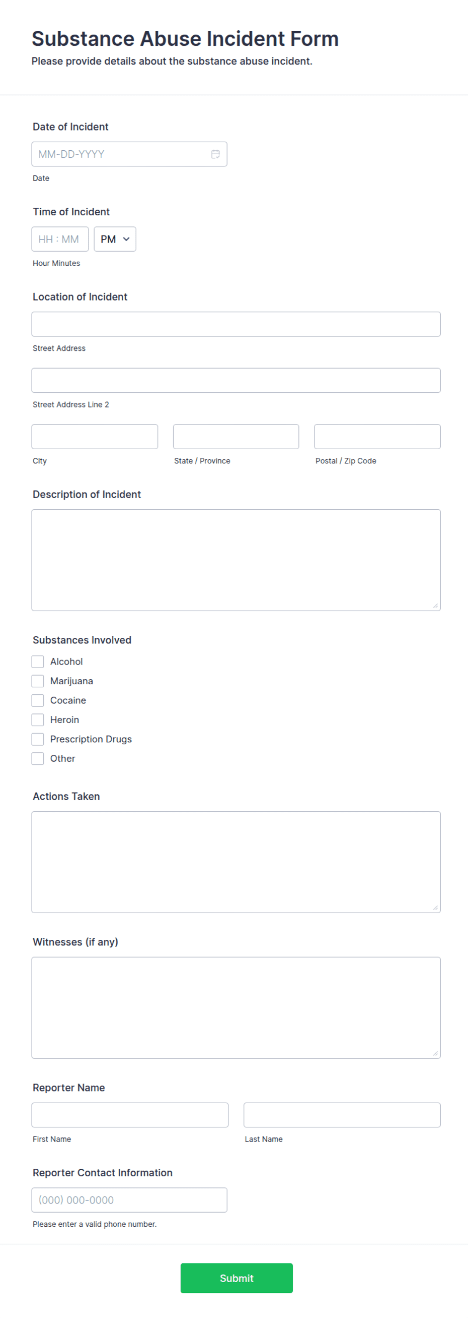 Abuse Form Substance Abuse Incident Form Template | Jotform