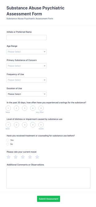 Substance Abuse Psychiatric Assessment Form Template