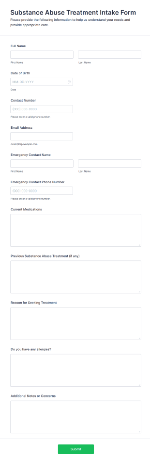 Substance Abuse Treatment Intake Form Form Template