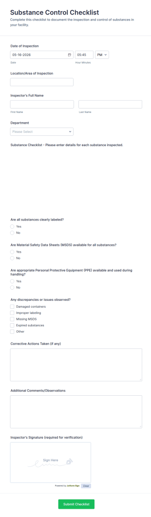 Substance Control Checklist Form Template