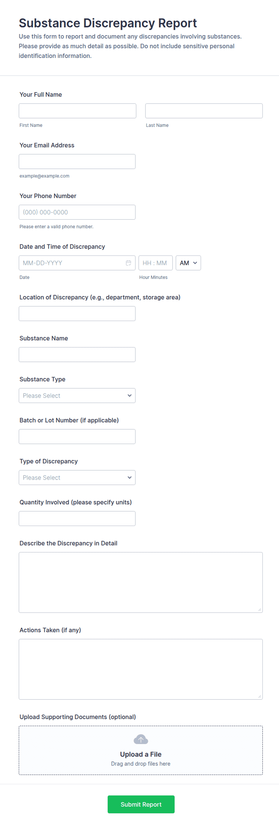 Quality Discrepancy Note Discrepancy Report Form