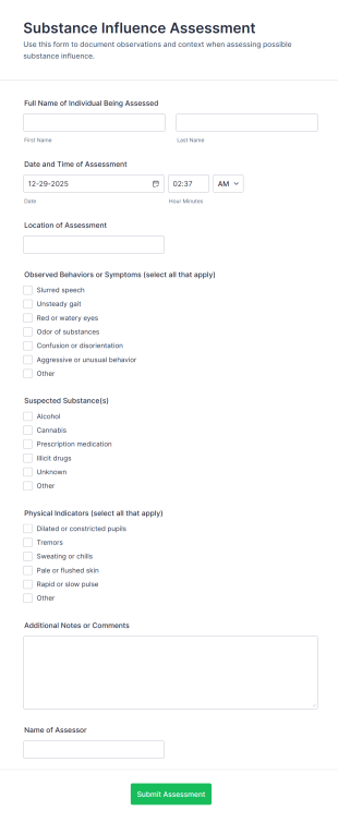 Substance Influence Assessment Form Template