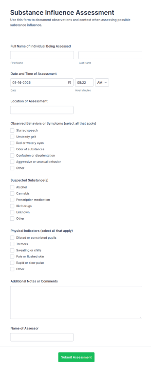 Substance Influence Assessment Form Template