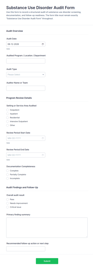 Substance Use Disorder Audit Form Template