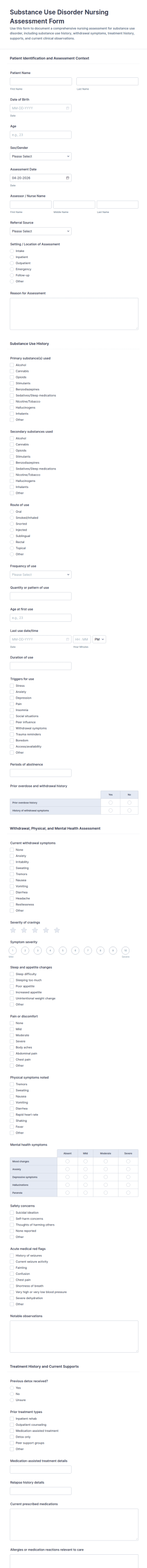 Substance Use Disorder Nursing Assessment Form Template