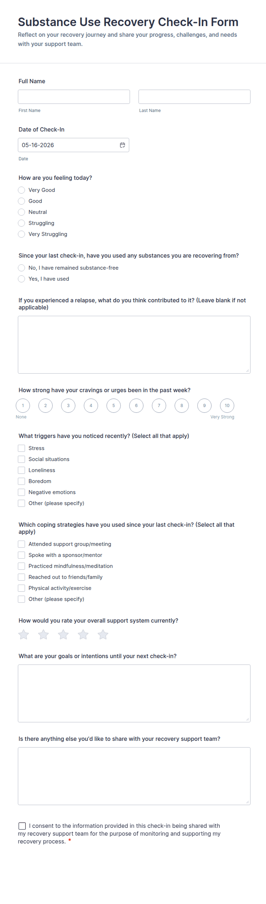 Substance Use Recovery Check-In Form Template | Jotform
