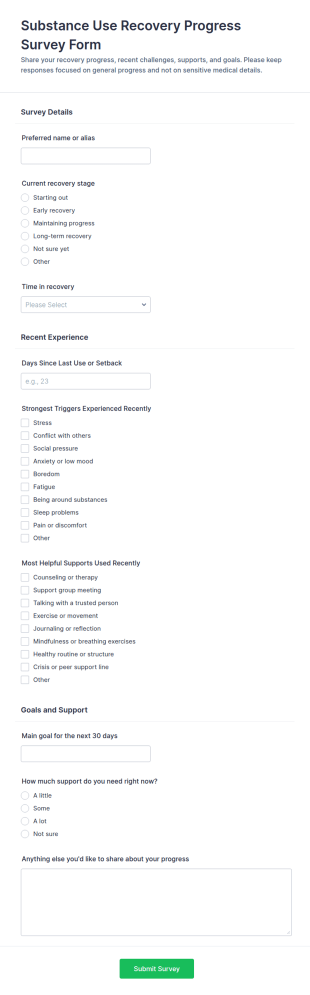Substance Use Recovery Progress Survey Form Template