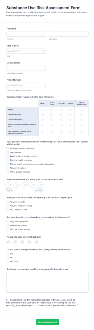 Substance Use Risk Assessment Form Template
