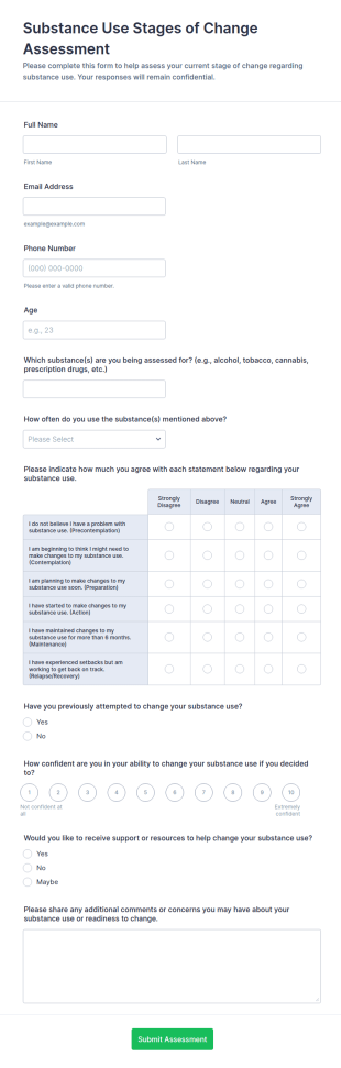 Substance Use Stages Of Change Assessment Form Template