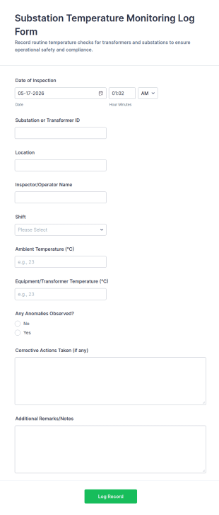 Substation Temperature Monitoring Log Form Template