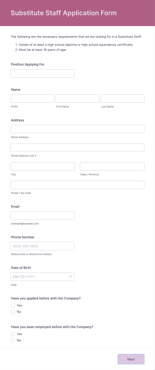 Substitute Staff Application Form Template