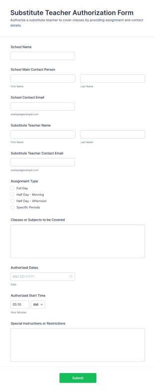 Substitute Teacher Authorization Form Template