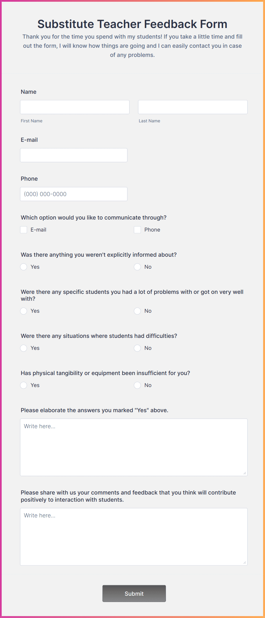 Substitute Feedback Form Template For Teaching Feedback Forms substitute-feedback-form-template-for-teaching-feedback-forms