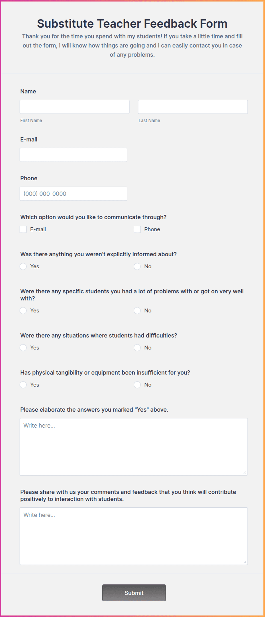Substitute Feedback Form.pdf Substitute Teacher Feedback Form Template | Jotform