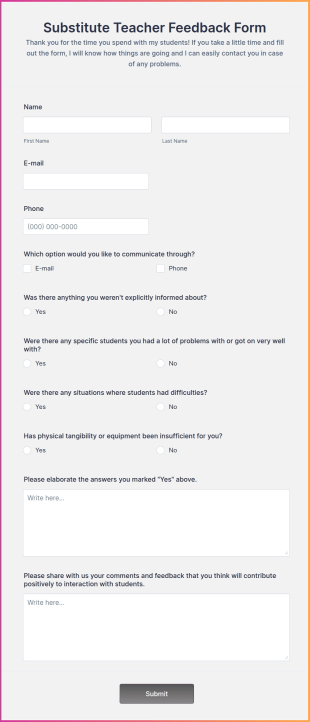 Substitute Teacher Feedback Form Template