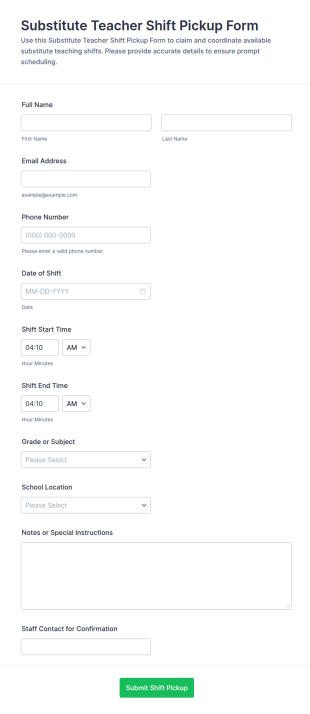 Substitute Teacher Shift Pickup Form Template