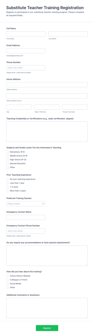 Substitute Teacher Training Registration Form Template