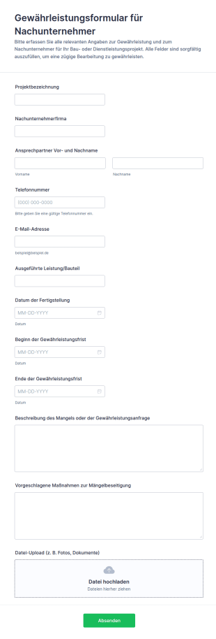 Subunternehmer Garantieformular