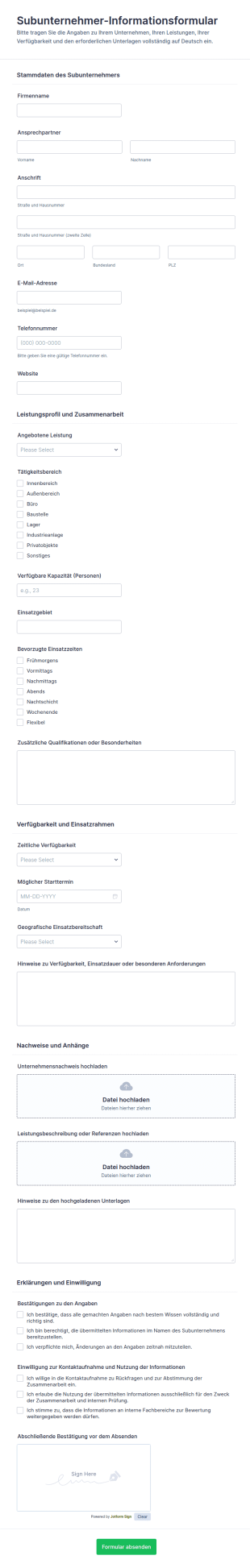 Subunternehmer Formular