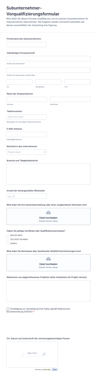 Subunternehmer Vorqualifizierungsformular