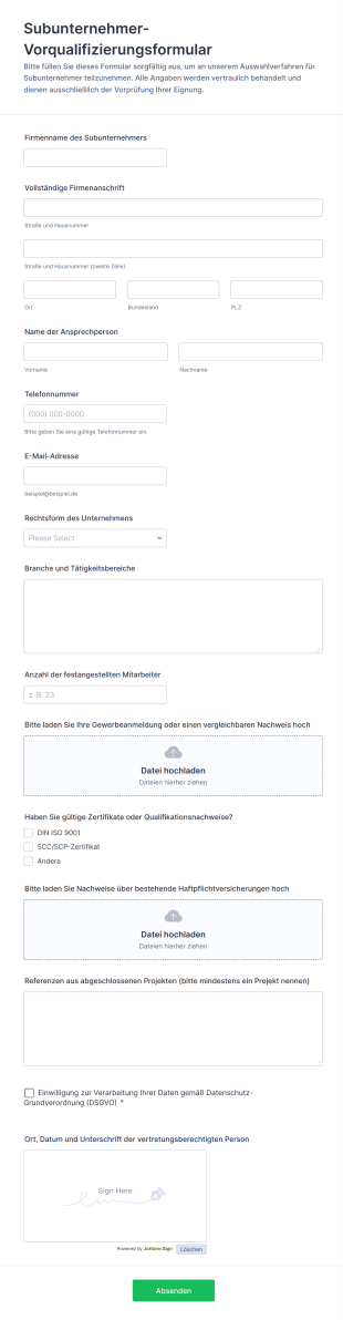 Subunternehmer Vorqualifizierungsformular