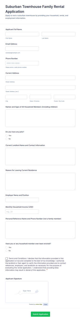 Suburban Townhouse Family Rental Application Form Template