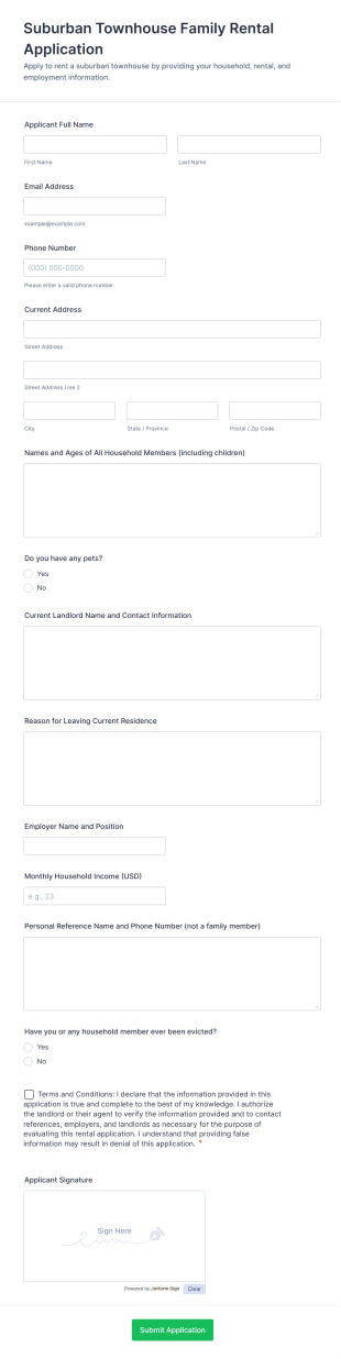 Suburban Townhouse Family Rental Application Form Template