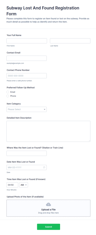 Subway Lost And Found Registration Form Template
