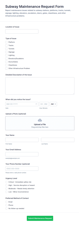 Subway Maintenance Request Form Template