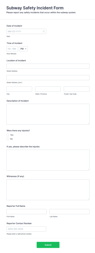 Subway Safety Incident Form Template