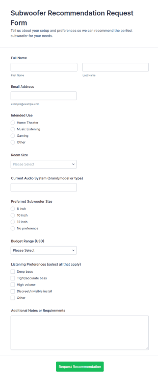 Subwoofer Recommendation Request Form Template