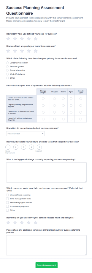 Success Planning Assessment Form Template
