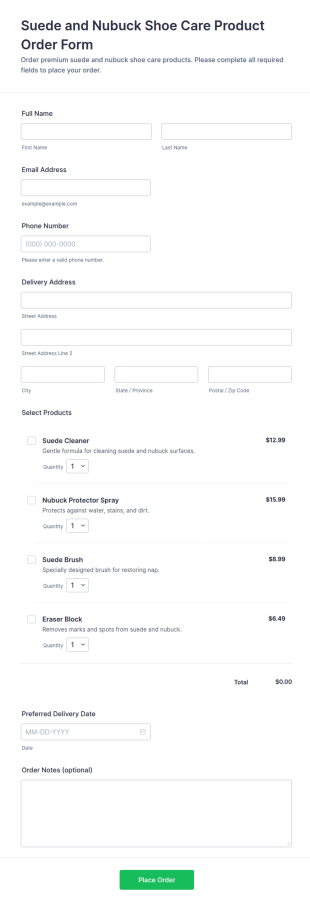 Suede And Nubuck Shoe Care Product Order Form Template