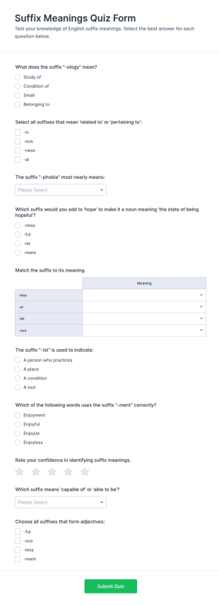Suffix Meanings Quiz Form Template