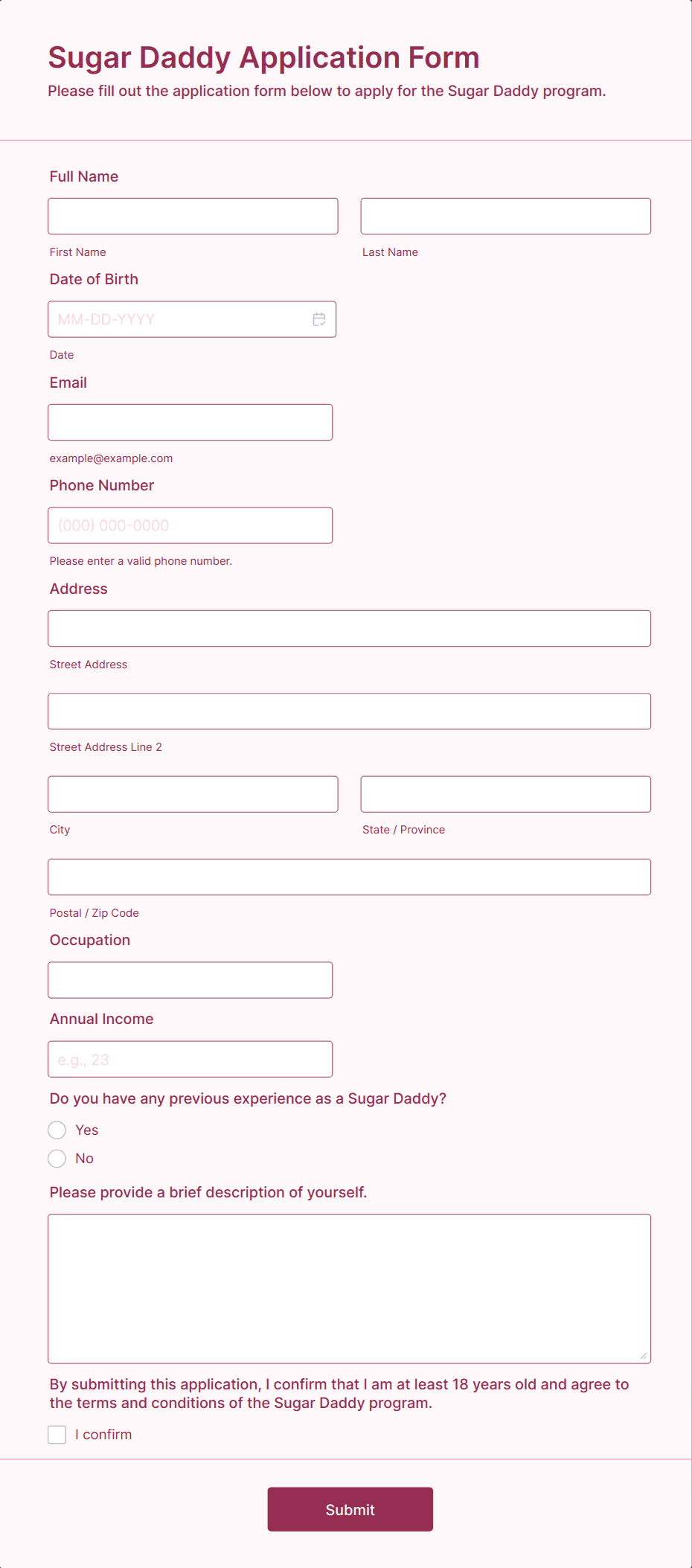 Sugar Daddy Application Form Template Jotform
