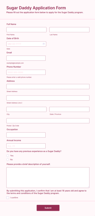Sugar Daddy Application Form Template