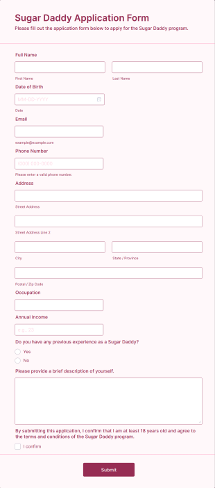 Sugar Daddy Application Form Template