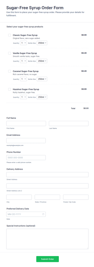 Sugar Free Syrup Order Form Template